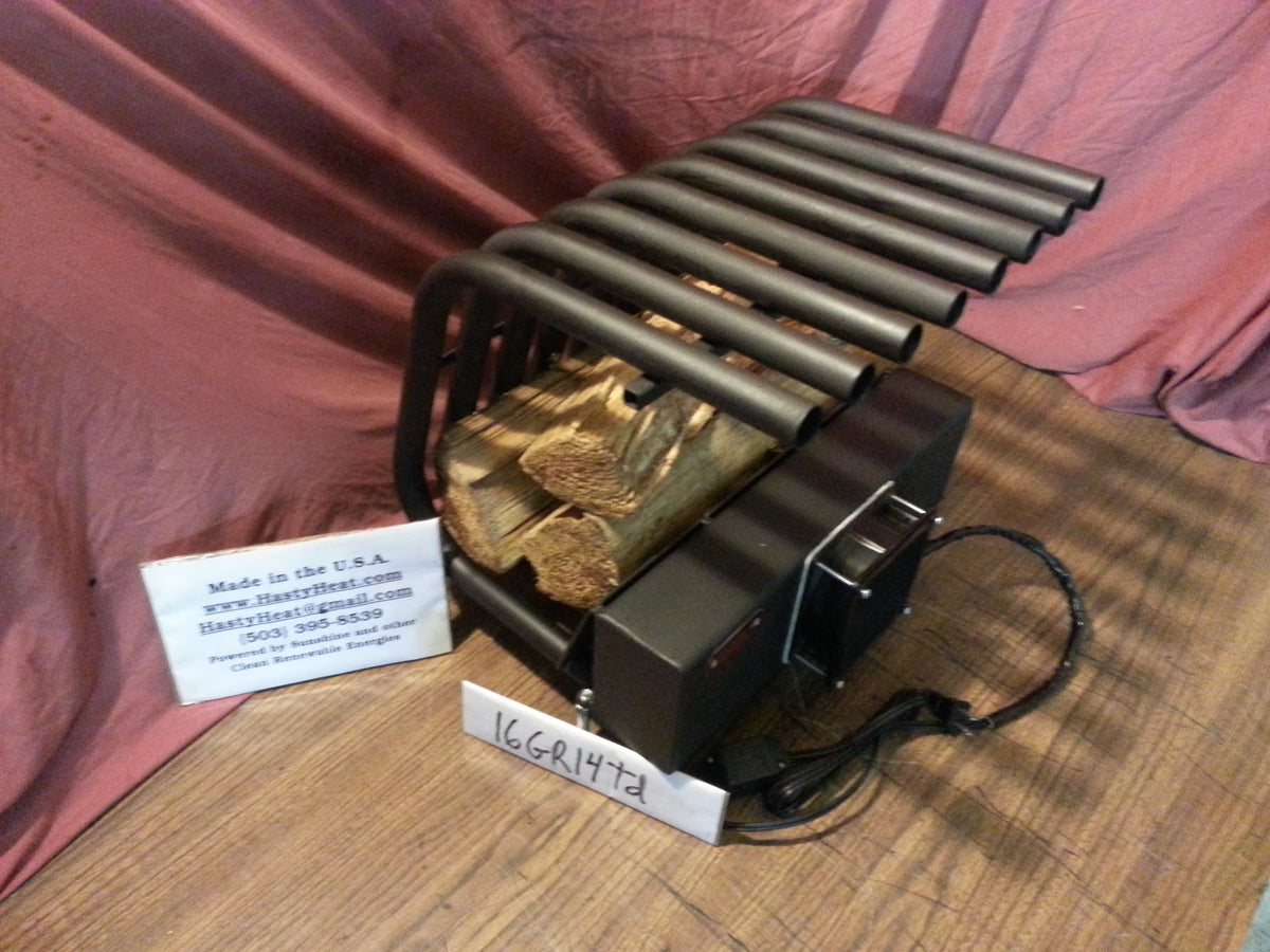 16GR14TD 16 inch wide GR fireplace grate heater with blower, 8 tubes, 14 inch tall/deep, angle view