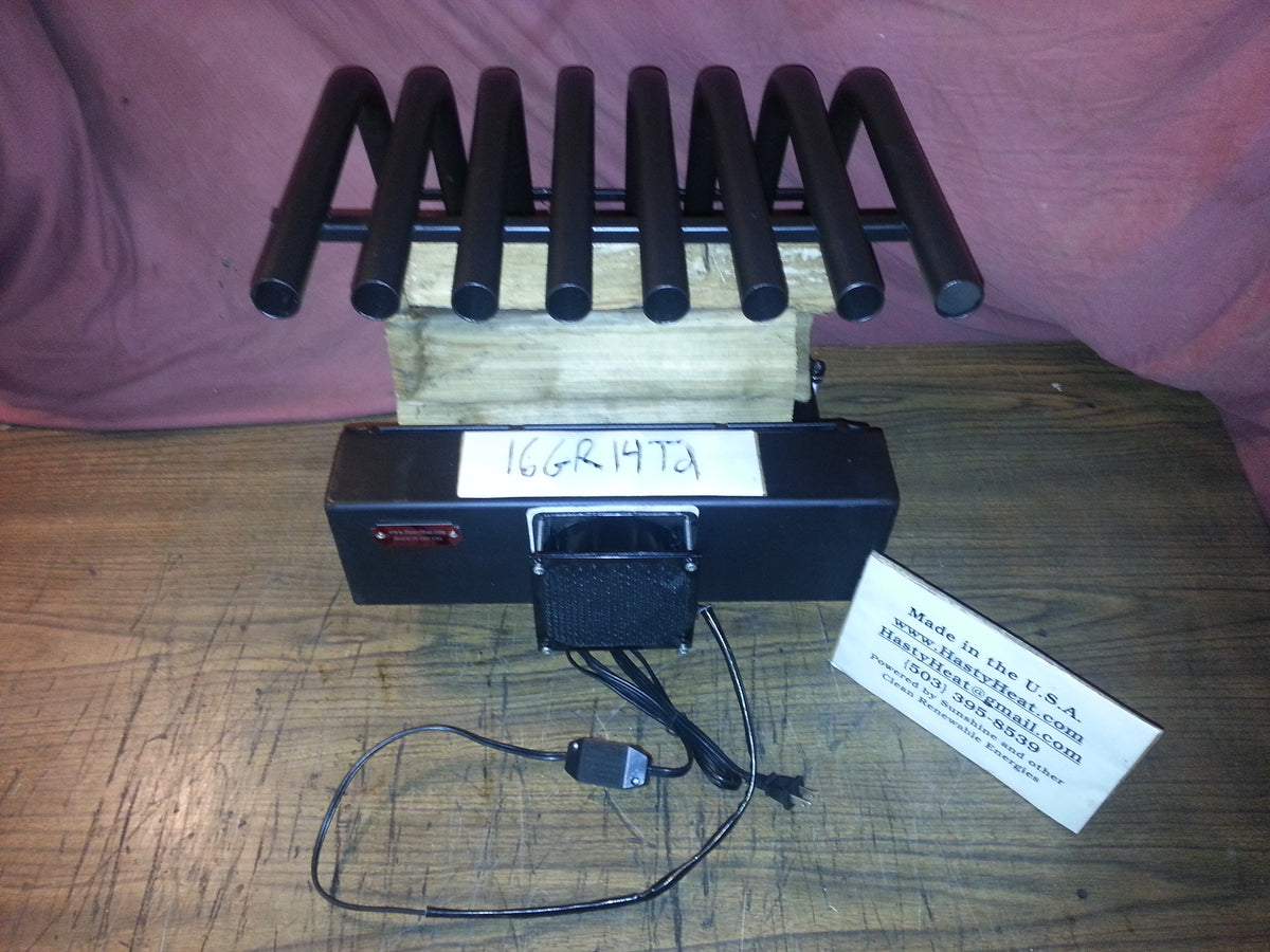 16GR14TD 16 inch wide GR fireplace grate heater with blower, 8 tubes, 14 inch tall/deep, front view
