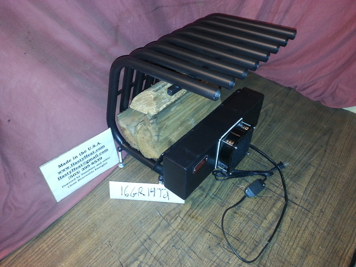 16GR14TD 16 inch wide GR fireplace grate heater with blower, 8 tubes, 14 inch tall/deep, side view