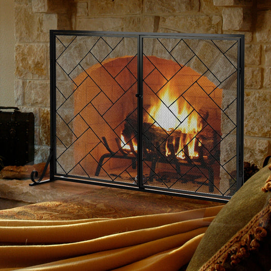 2-Panel Fireplace Screen Folding Metal Fire Place Safety Fence with Magnetic Doors