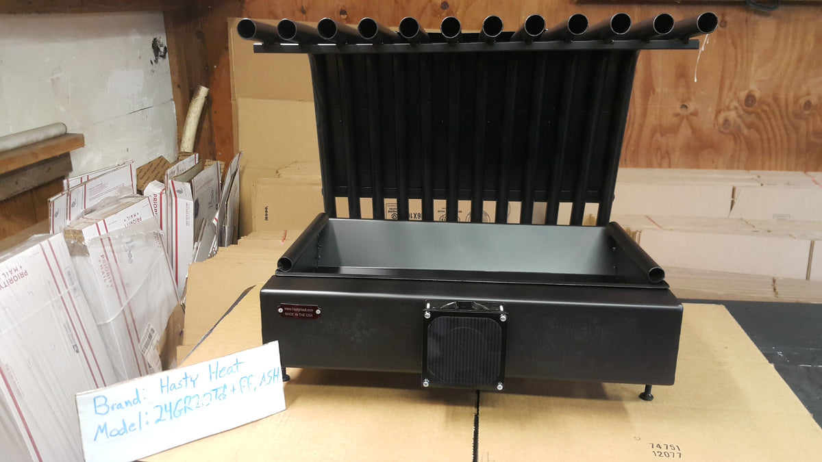 24GR20TD 24 inch wide GR fireplace grate heater with blower, 12 tubes, 20 inch tall/deep, shown with fireback and ash tray, front view