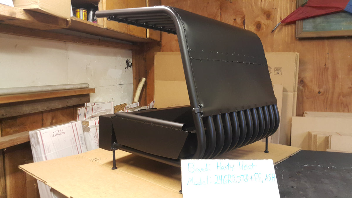 24GR20TD 24 inch wide GR fireplace grate heater with blower, 12 tubes, 20 inch tall/deep, shown with fireback and ash tray, side view