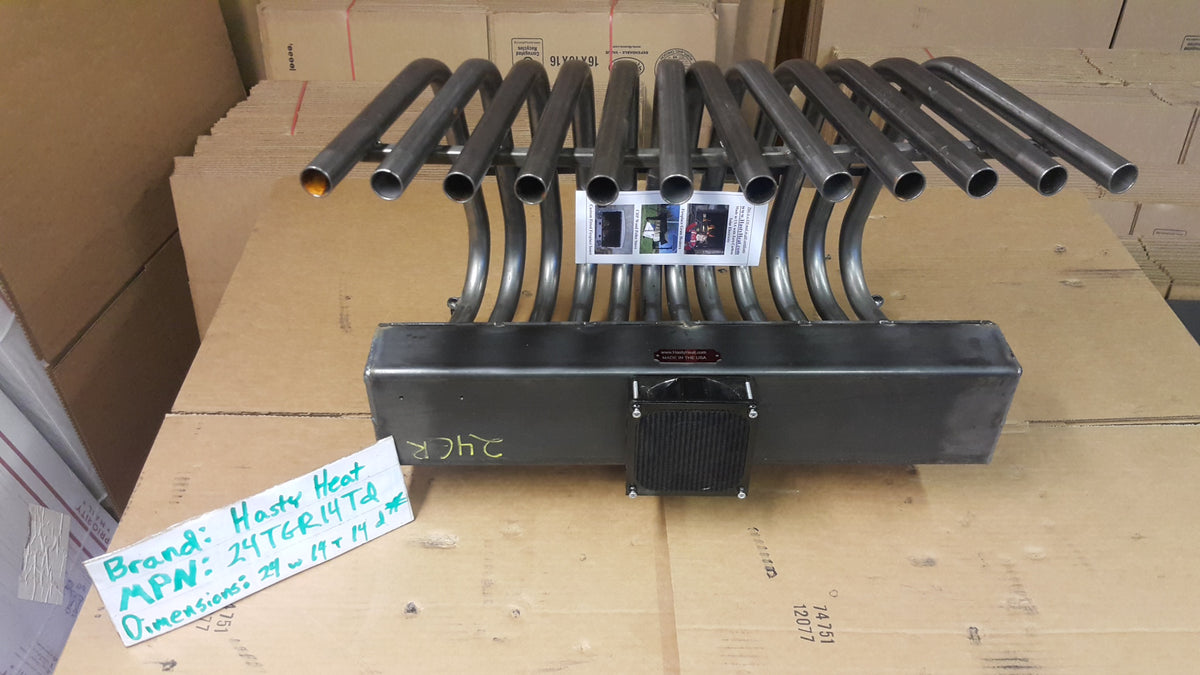 24TGR14TD 24 inch wide TGR tapered fireplace grate heater with blower, 12 tubes, 14 inch tall/deep, front view