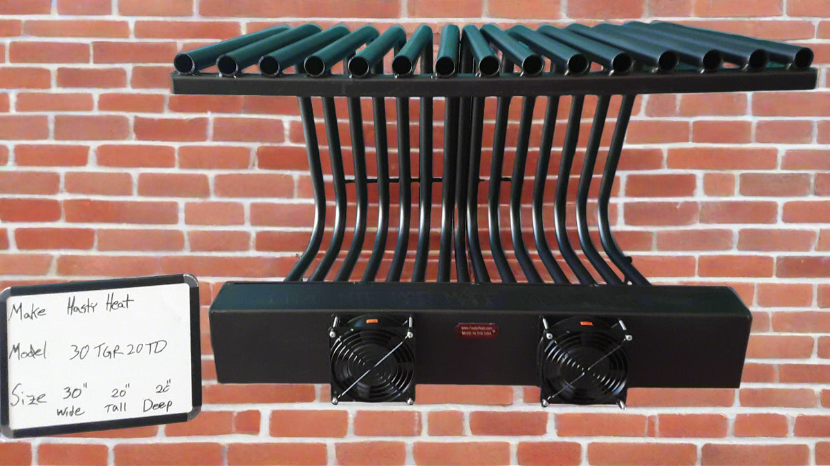 30TGR20TD 30 inch wide TGR tapered fireplace grate heater with blower, 15 tubes, 20 inch tall/deep