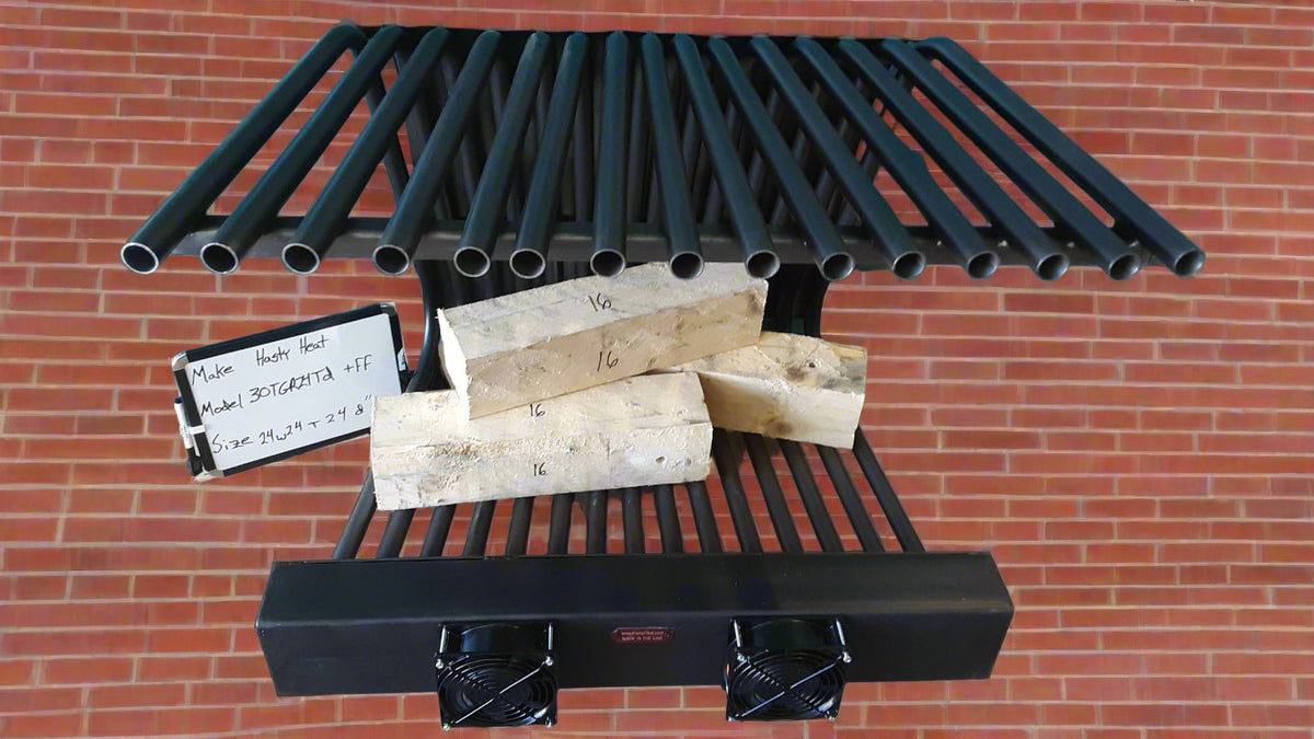 30TGR24TD 30 inch wide TGR tapered fireplace grate heater with blower, 15 tubes, 24 inch tall/deep