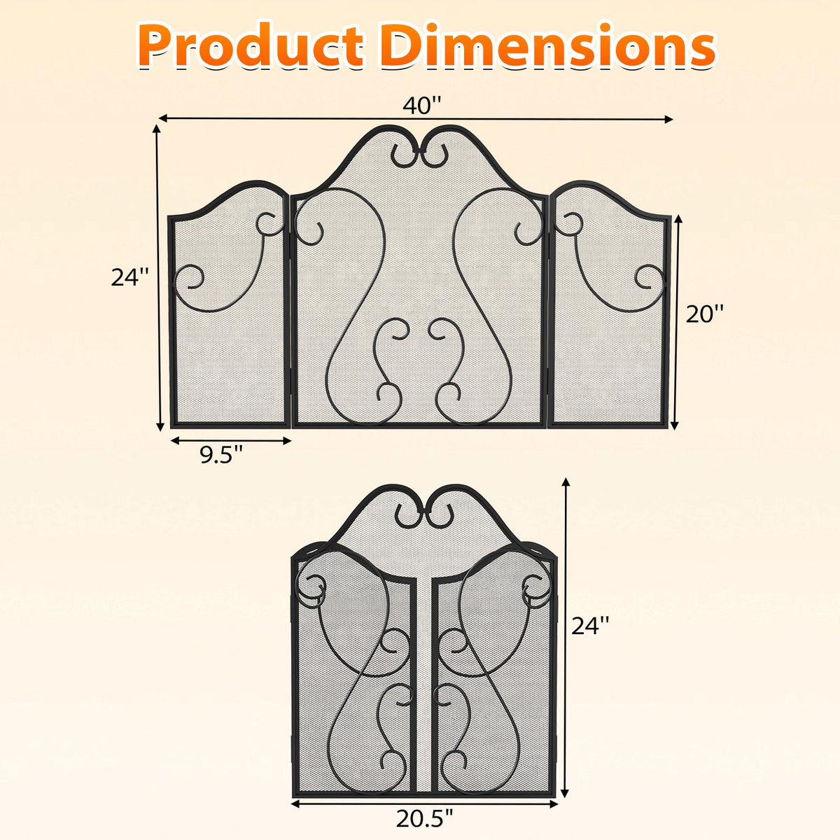 3 Panel Fireplace Screen Foldable Spark Guard Cover with Decorative Scroll
