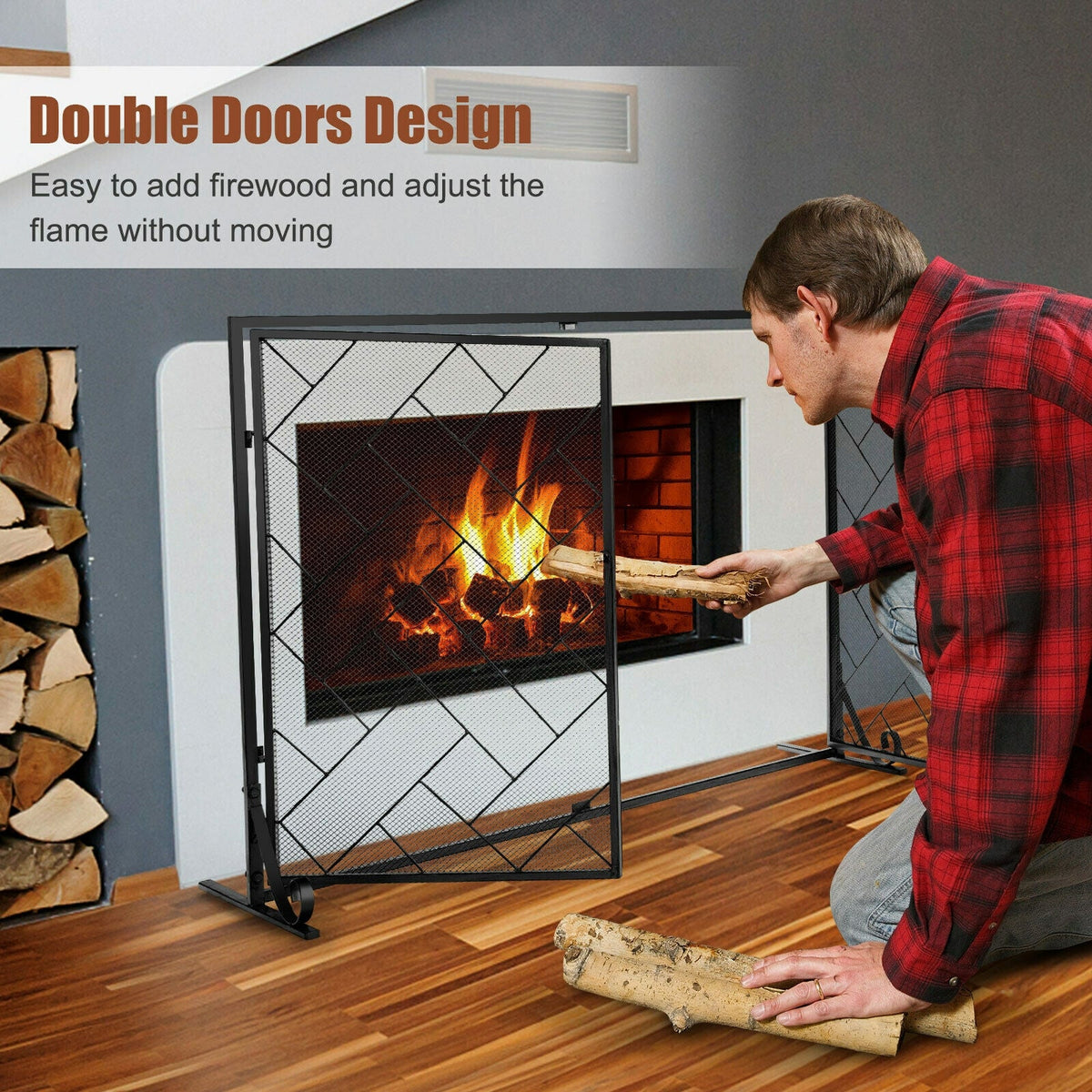 2-Panel Fireplace Screen Folding Metal Fire Place Safety Fence with Magnetic Doors