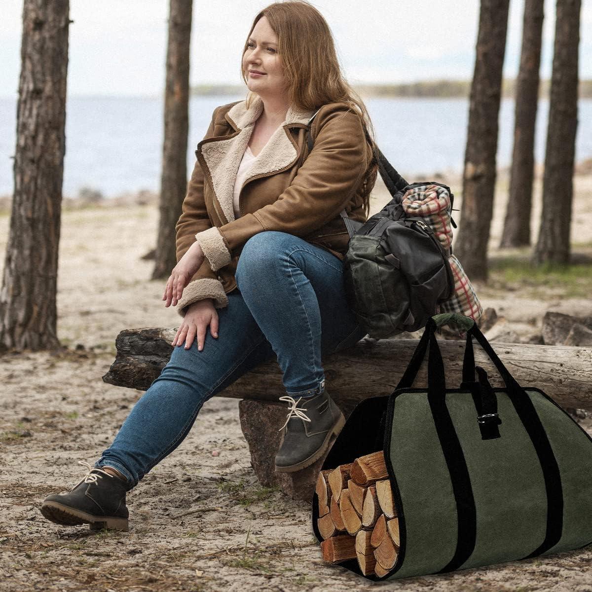 Wood Stove Accessories Firewood Carrier Wood Carrier for Firewood Holder BBQ Accessories   Log Tote Bag Fire Wood Log Carrier for Firewood Carriers with Handles   Waxed Canvas Firewood Log Carrier