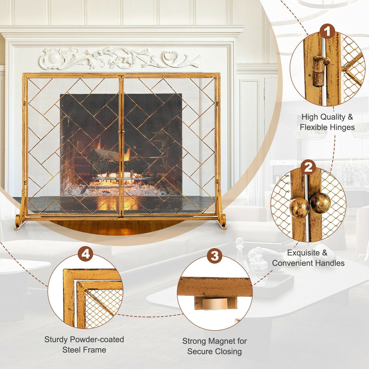 2-Panel Fireplace Screen Folding Metal Fire Place Safety Fence with Magnetic Doors