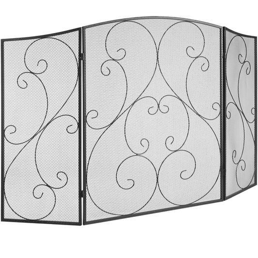 Fireplace Screen 3 Panel, Sturdy Iron Mesh Fireplace Screen, 48"(L) x30.2"(H) Spark Guard Cover, No Assembly Required, Free Standing Fireplace Fence Grate for Living Room Home Decor Vintage Blac